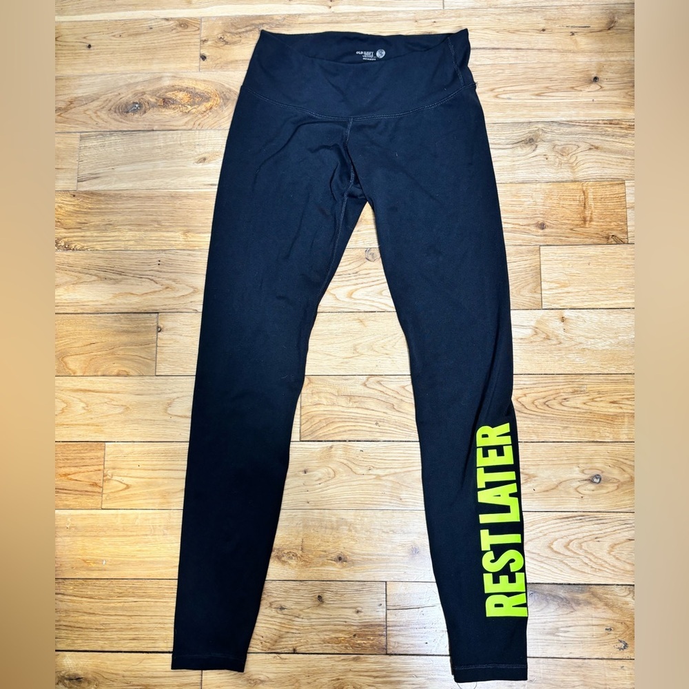 Black Polyester Active Leggings with Yellow 'Rest Later' Print on Leg